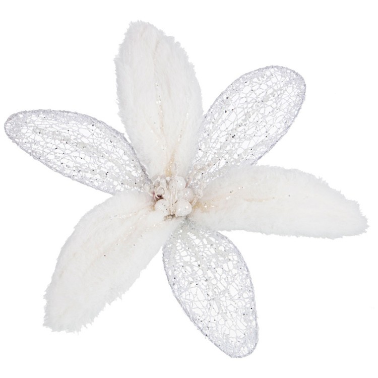 Цветок пуансеттия декоративный  "норка" с клипсой диаметр=15 см цвет:white Lefard (136-110)