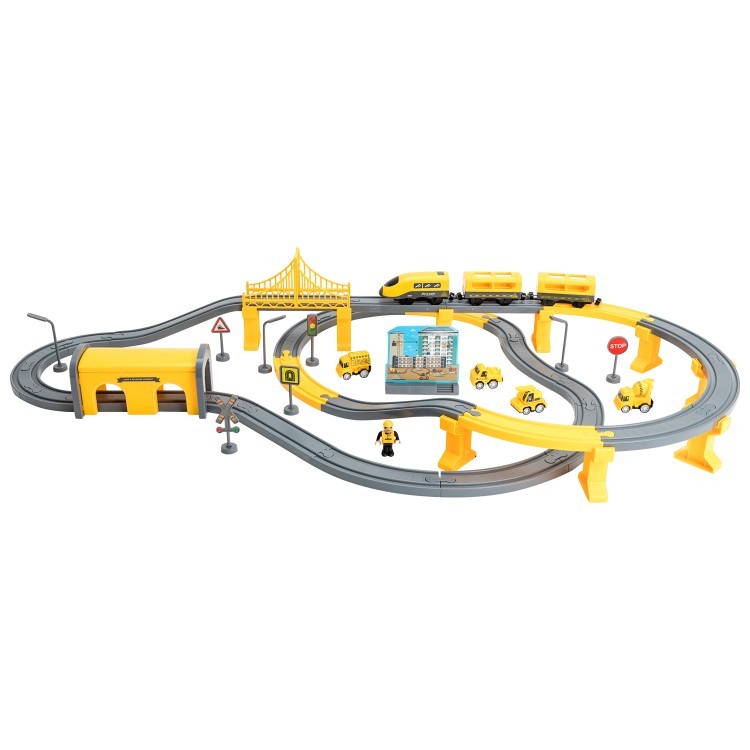 Железная дорога игрушка "Строительная площадка, 92 предмета", на батарейках со звуком (G201-001)