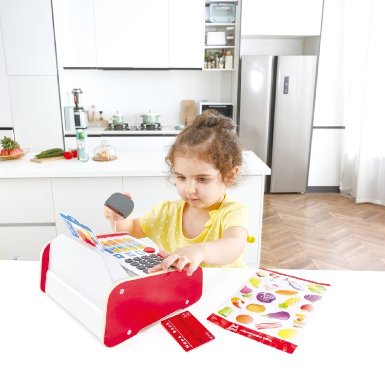 Детская игрушечная деревянная касса с набором наклеек, калькулятором, светом и звуком (E3184_HP)