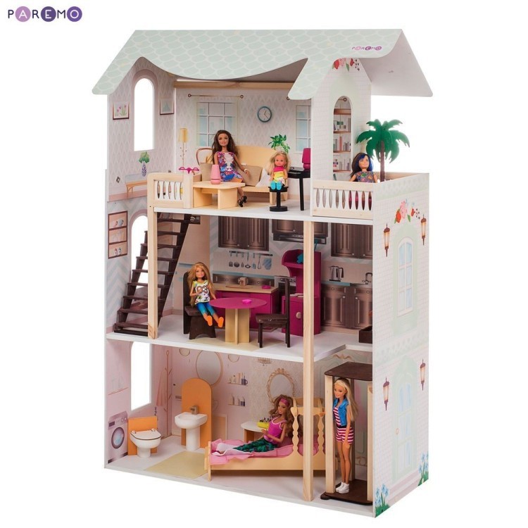 Деревянный кукольный домик "Сан-Ремо", с мебелью 20 предметов в наборе, для кукол 30 см (PD318-06)