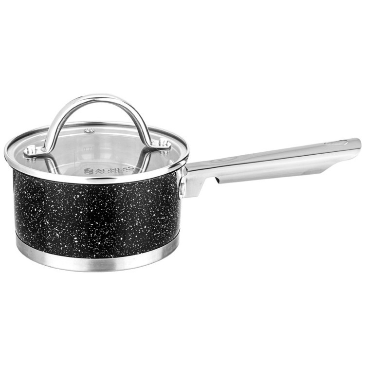 Ковш agness со стеклянной крышкой, нерж.сталь,  серия "black marble" 1,0л 14х7,5см Agness (937-331)