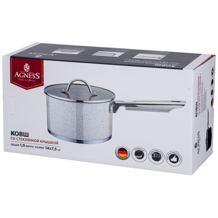 Ковш agness со стеклянной крышкой, нерж.сталь,  серия "black marble" 1,0л 14х7,5см Agness (937-331)
