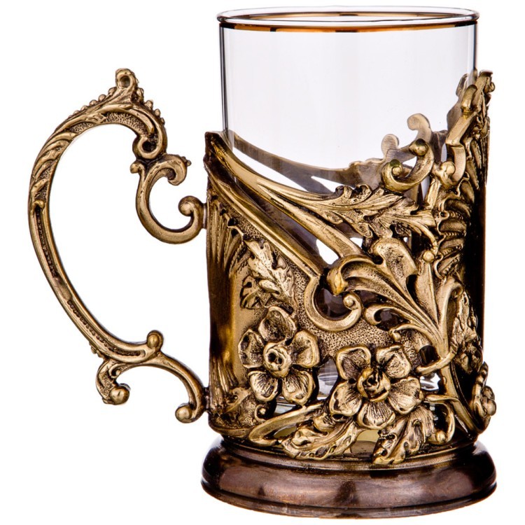 Подстаканник "барокко" латунь,жаропрочное стекло с позолоченной каемкой (385-183) 