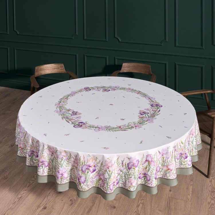 Скатерть круглая  "ирисы" ,d220см, 100% хлопок,твил c пропиткой, белый Lefard (850-743-25)