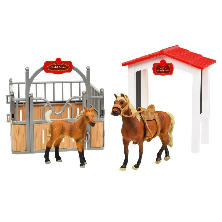 Набор фигурок животных  серии "Мир лошадей": Конюшня игрушка, лошадь с жеребенком, наездница, инвентарь -  18 предметов (MM214-363)