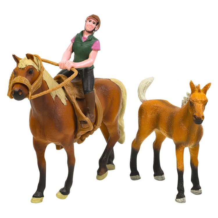 Набор фигурок животных  серии "Мир лошадей": Конюшня игрушка, лошадь с жеребенком, наездница, инвентарь -  18 предметов (MM214-363)