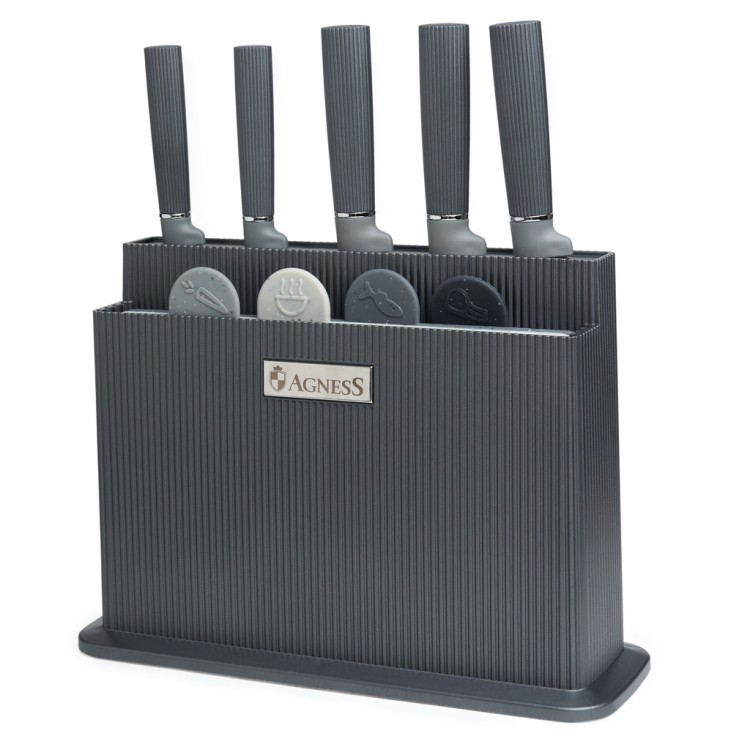 Набор agness из 10пр: 5 ножей, 4 доски и подставка, цвет: черно-серый Agness (671-215)