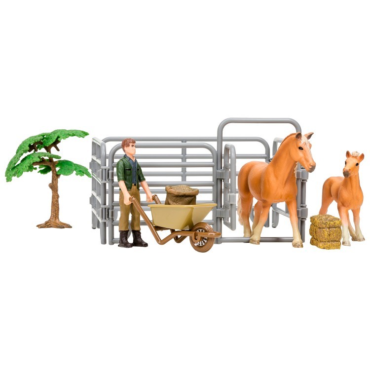 Игрушки фигурки в наборе серии "На ферме", 8 предметов: Авелинская лошадь и жеребенок, фермер, дерево, ограждение-загон, инвентарь (ММ205-024)