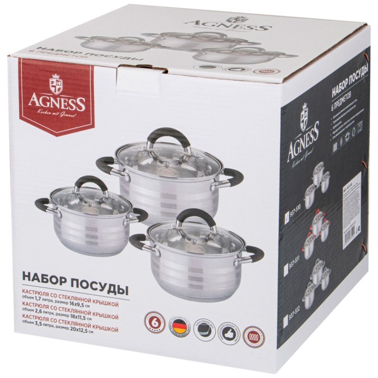 Набор кастрюль agness со стекл.крышками 6пр.1,7/2,6/3,5 л. размер 16x9,5/18x11,5/20x12.5 см Agness (937-511) Набор кастрюль agness со стекл.крышками 6пр.1,7/2,6/3,5 л. размер 16x9,5/18x11,5/20x12.5 см Agness (937-511)