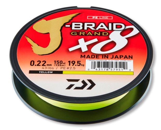 Леска плетеная Daiwa J-Braid Grand X8 135м 0,22мм (19,5кг) желтая (62368)