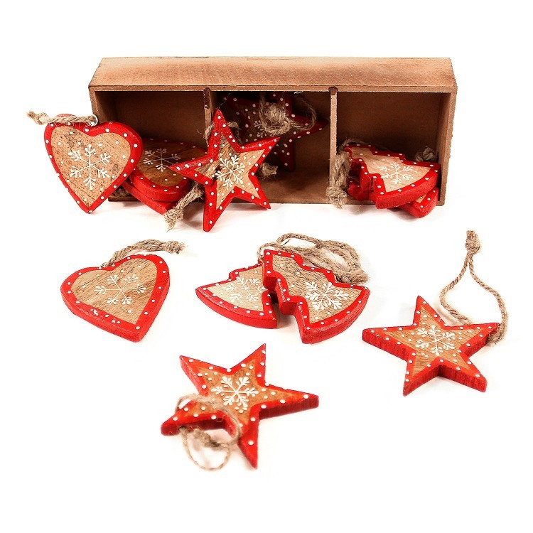 Украшения подвесные stars/trees/hearts, деревянные, в подарочной коробке, 12 шт. (63516)