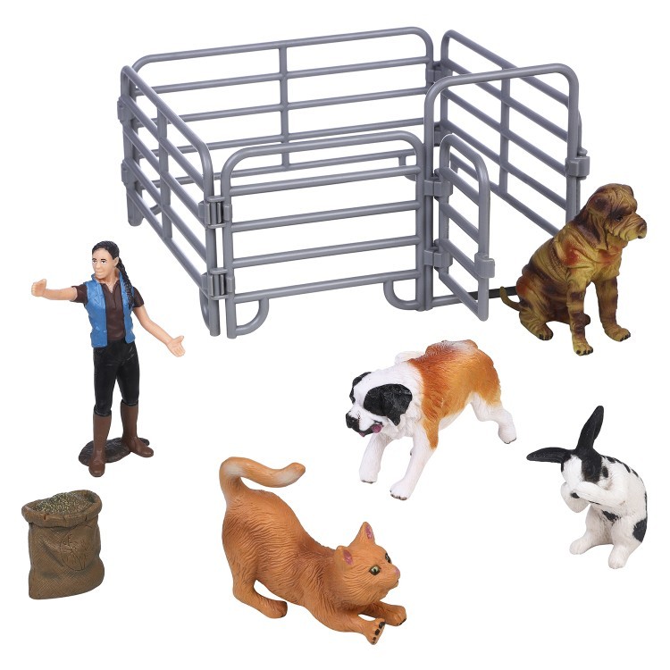 Фигурки животных серии "На ферме": 2 собаки, кошка, кролик, заводчица, ограждение (набор из 7 предметов) (MM215-327)
