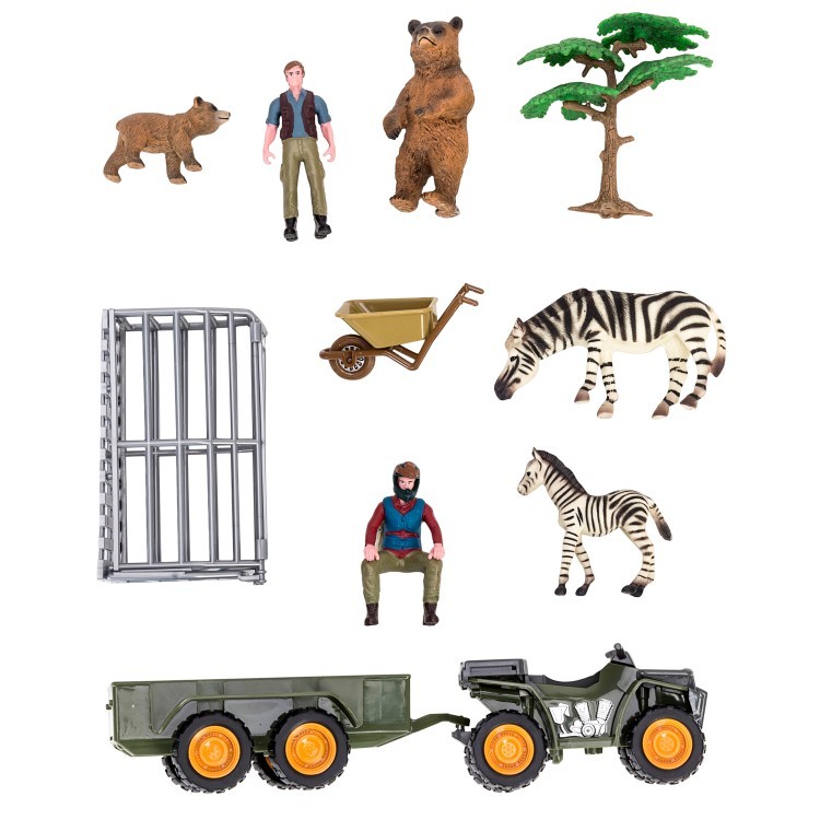 Набор фигурок животных серии "На ферме": Ферма игрушка, зебры, медведи, квадроцикл для перевозки животных, фермер, инвентарь - 13 предметов (ММ205-056)