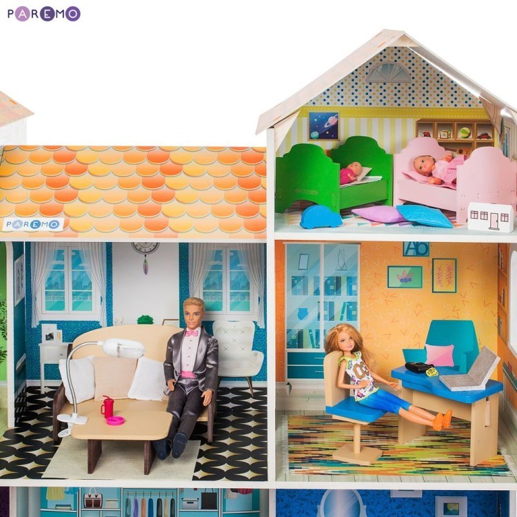 Деревянный кукольный домик "Поместье Летиция", с мебелью 36 предметов в наборе и с гаражом, свет, для кукол 30 см (PD318-19)