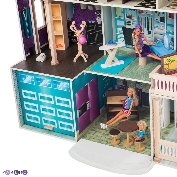 Деревянный кукольный домик "Поместье Летиция", с мебелью 36 предметов в наборе и с гаражом, свет, для кукол 30 см (PD318-19)
