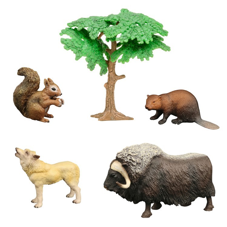 Набор фигурок животных серии "Мир диких животных": овцебык, бобер, волк, белка (набор из 5 предметов) (MM211-219)