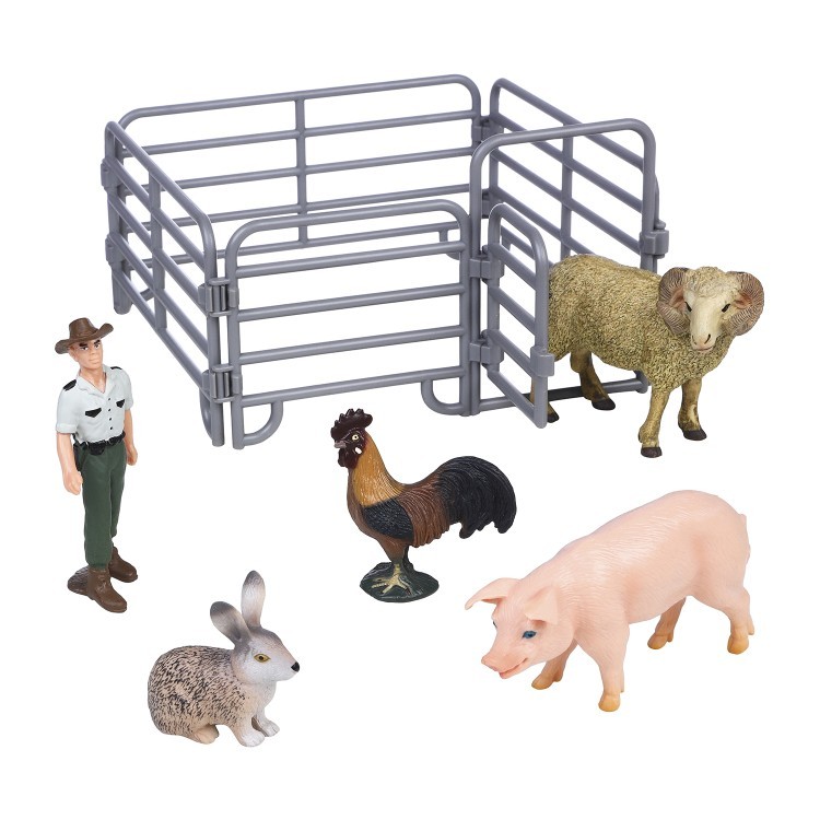 Фигурки животных серии "На ферме": баран, кролик, петух, свинья, рейнджер, ограждение (набор из 6 предметов) (MM215-330)