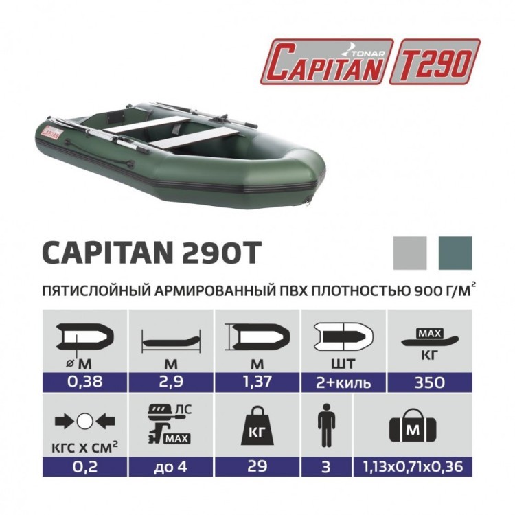 Лодка ПВХ под мотор Тонар Капитан Т290 (зеленая) (87393)