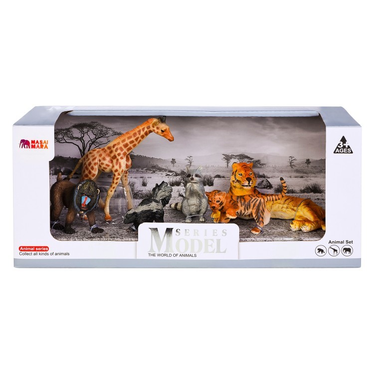 Набор фигурок животных серии "Мир диких животных": обезьяна, жираф, скунс, енот, тигрица с тигренком (набор из 6 фигурок) (MM211-225)