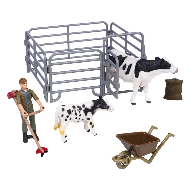 Игрушки фигурки в наборе серии "На ферме", 7 предметов (корова белая с черным, теленок, фермер, ограждение-загон, аксессуары) (MM215-346)