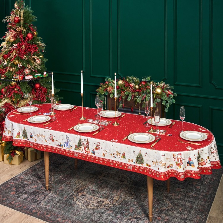 Скатерть овальная "с новым годом" 140х300см ,красный, 100% хлопок,твил пропитка Lefard (850-763-42)