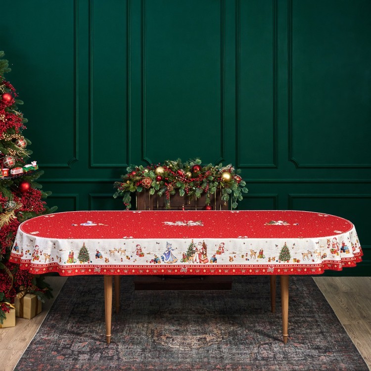Скатерть овальная "с новым годом" 140х300см ,красный, 100% хлопок,твил пропитка Lefard (850-763-42)