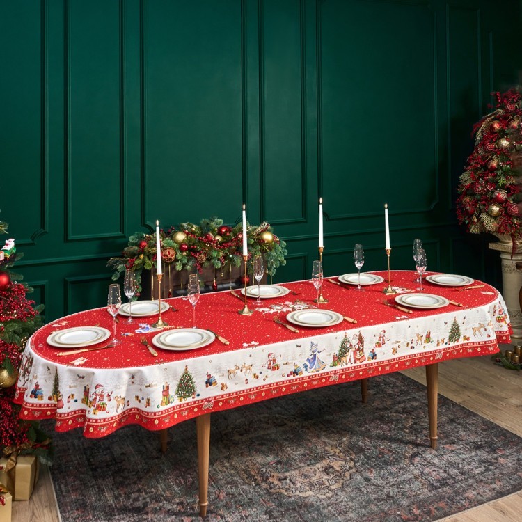 Скатерть овальная "с новым годом" 140х300см ,красный, 100% хлопок,твил пропитка Lefard (850-763-42)