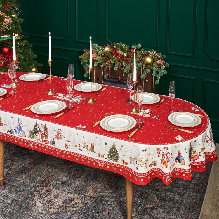 Скатерть овальная "с новым годом" 140х300см ,красный, 100% хлопок,твил пропитка Lefard (850-763-42)