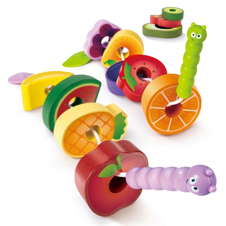 Игрушка деревянная шнуровка для детей "Веселые гусеницы" (14 предметов - шнурки и фрукты) (E1072_HP)