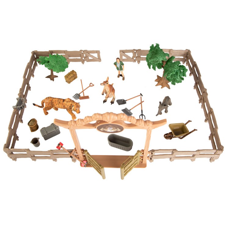 Набор фигурок животных серии "На ферме": Ферма игрушка, тигр, слоненок, кенгуру, фермер, инвентарь - 20 предметов (ММ205-081)