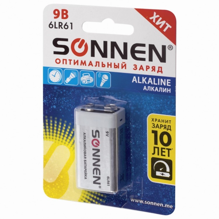 Батарейка алкалиновая Sonnen Alkaline 6LR61 (Крона) 1 шт 451092 (6) (76363)