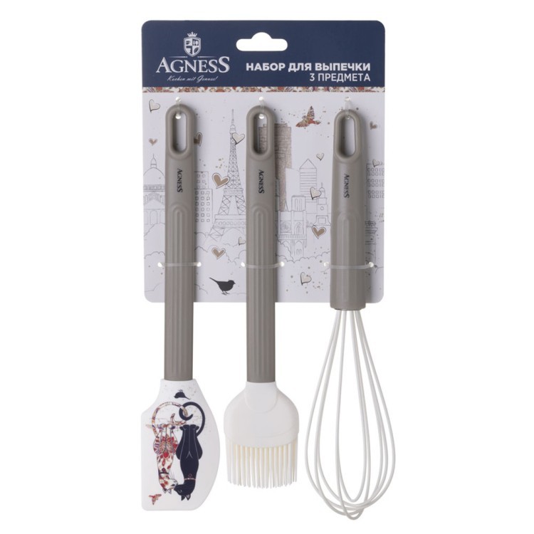 Набор: венчик, лопатка, кисточка agness, 3 предмета, серия "парижские коты" Agness (671-033)