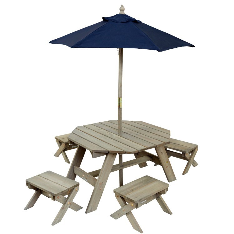 Детская садовая мебель (4 скамьи, стол-пикник, зонт), серо-синий (20176_KE)