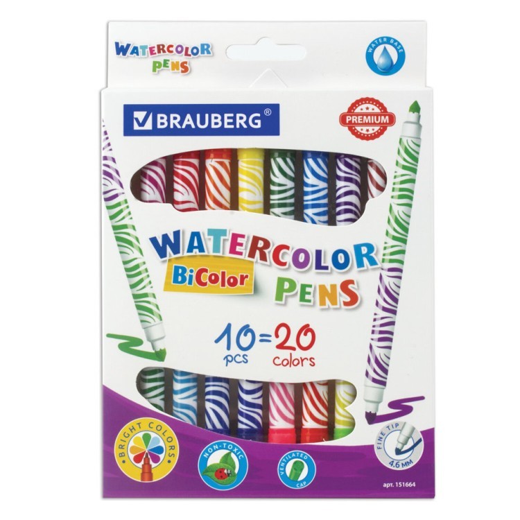 Фломастеры двусторонние утолщенные Brauberg Premium Bi-Color 20 цветов 10 шт 151664 (65782)