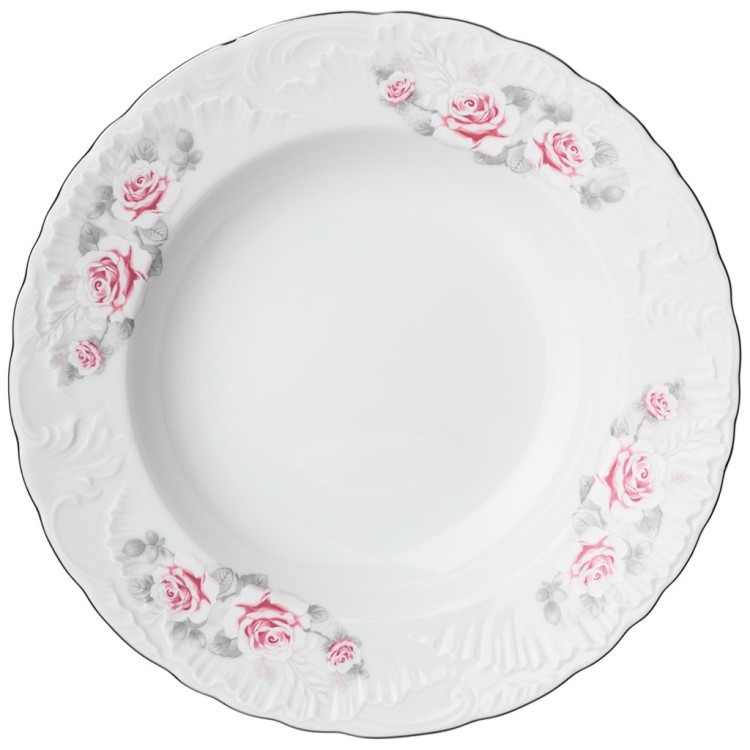 Тарелка  суповая рококо "нежная роза" платина 22,5 см 0,6л мал.уп. 6шт без упак Cmielow (D-676-009) 
