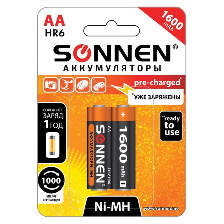 Батарейки аккумуляторные Sonnen HR06 (АА) Ni-Mh 1600 mAh 2 шт (454233) (66444)