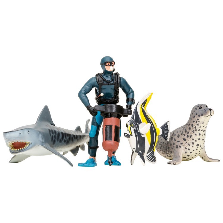 Фигурки игрушки серии "Мир морских животных": Акула, тюлень, мавританский идол, дайвер (набор из 3 фигурок животных и 1 человека) (ММ203-008)