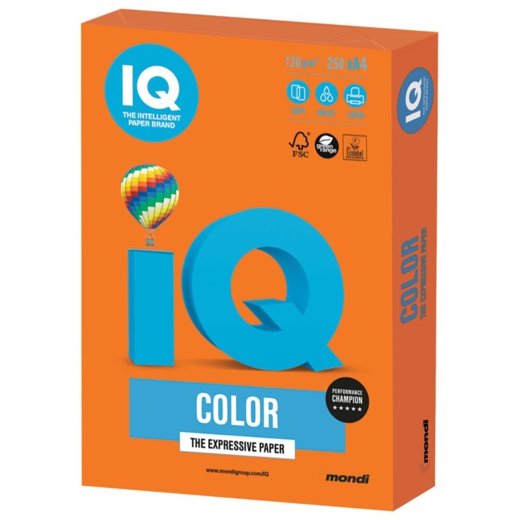 Бумага цветная для принтера IQ Color А4, 120 г/м2, 250 листов, оранжевая, OR43 (65407)