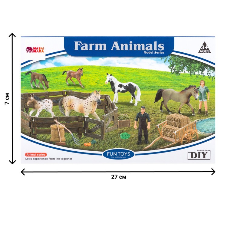 Набор фигурок животных серии "Мир лошадей": Конюшня игрушка, лошади, фермер, инвентарь - 16 предметов (ММ205-072)