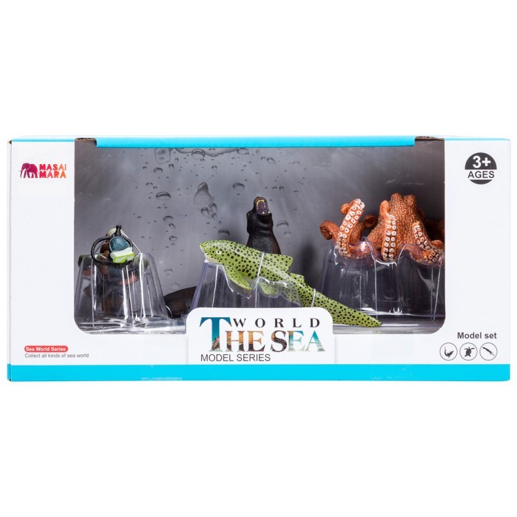 Фигурки игрушки серии "Мир морских животных": Дайвер, осьминог, морской лев, зебровая акула (набор из 3 фигурок животных и 1 человека) (ММ203-012)