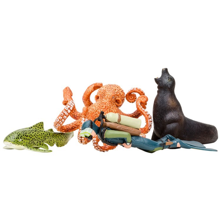 Фигурки игрушки серии "Мир морских животных": Дайвер, осьминог, морской лев, зебровая акула (набор из 3 фигурок животных и 1 человека) (ММ203-012)