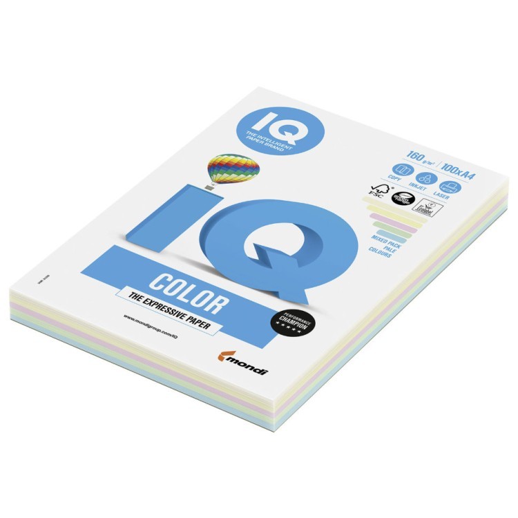 Бумага цветная для принтера IQ Color А4, 160 г/м2, 100 листов, 5 цветов, RB01 (65634)
