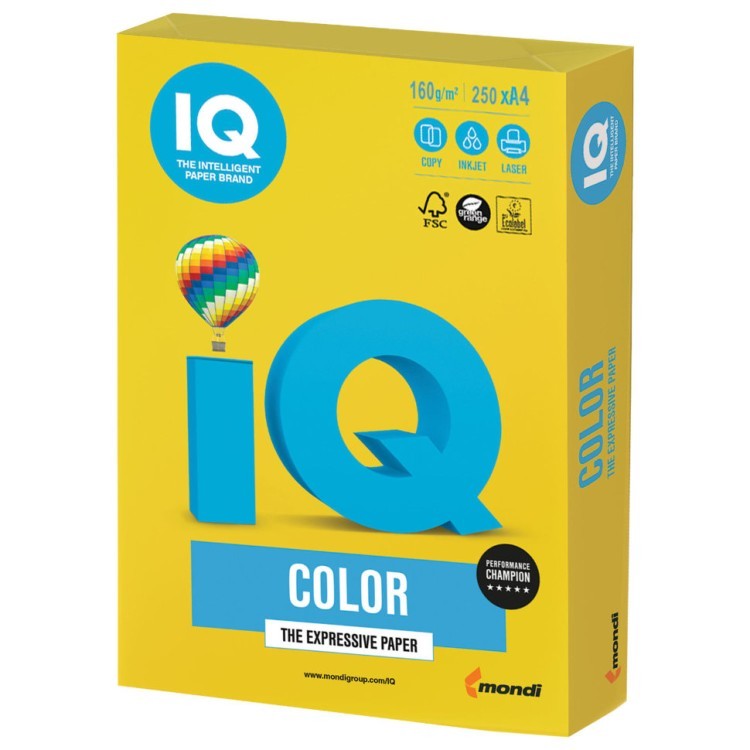 Бумага цветная для принтера IQ Color А4, 160 г/м2, 250 листов, ярко-желтая, IG50 (65411)