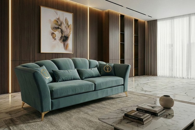 Диван Annette трехместный без мех,велюр бирюз.Colt1004/зол 250*100*95 (TT-00012928)