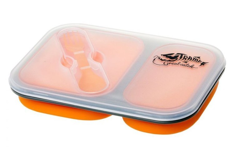 Контейнер для еды Tramp 900мл силикон, 2 отсека, с ловилкой оранжевый TRC-090 (63914)