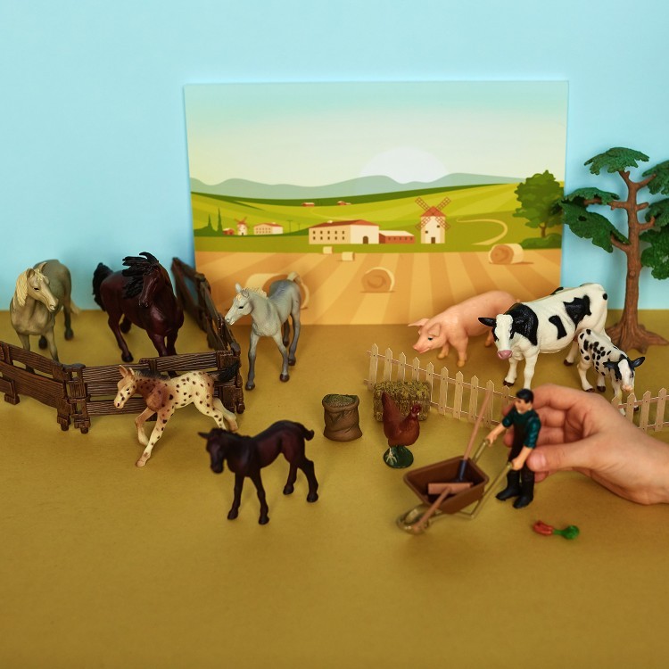 Игрушки фигурки в наборе серии "На ферме", 8 предметов (фермер, корова, овца, петух, гусь, ограждение-загон, инвентарь) (ММ205-006)