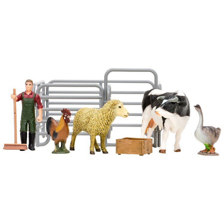Игрушки фигурки в наборе серии "На ферме", 8 предметов (фермер, корова, овца, петух, гусь, ограждение-загон, инвентарь) (ММ205-006)