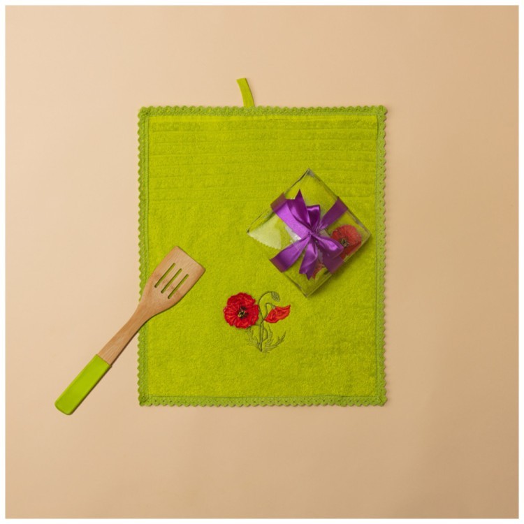 Полотенце "мак",30х50см. махра,лайм,3-d вышивка,100% х\б 400гр\м, кружево Lefard (850-331-93)