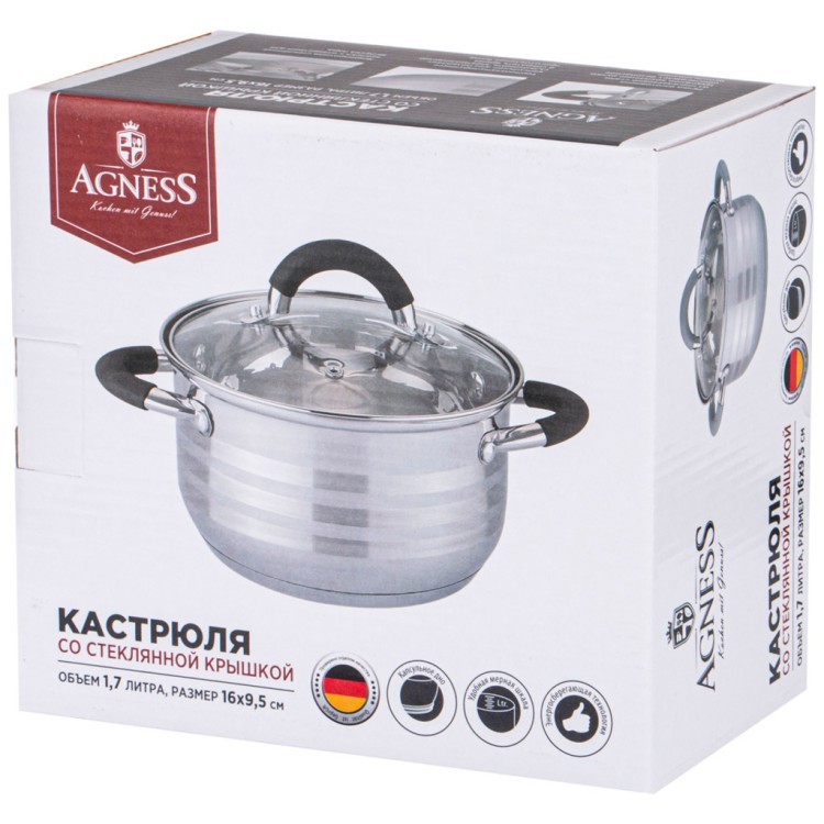 Кастрюля agness со стекл. крышкой серия classic 1,7 л. 16*9,5 см Agness (937-410)