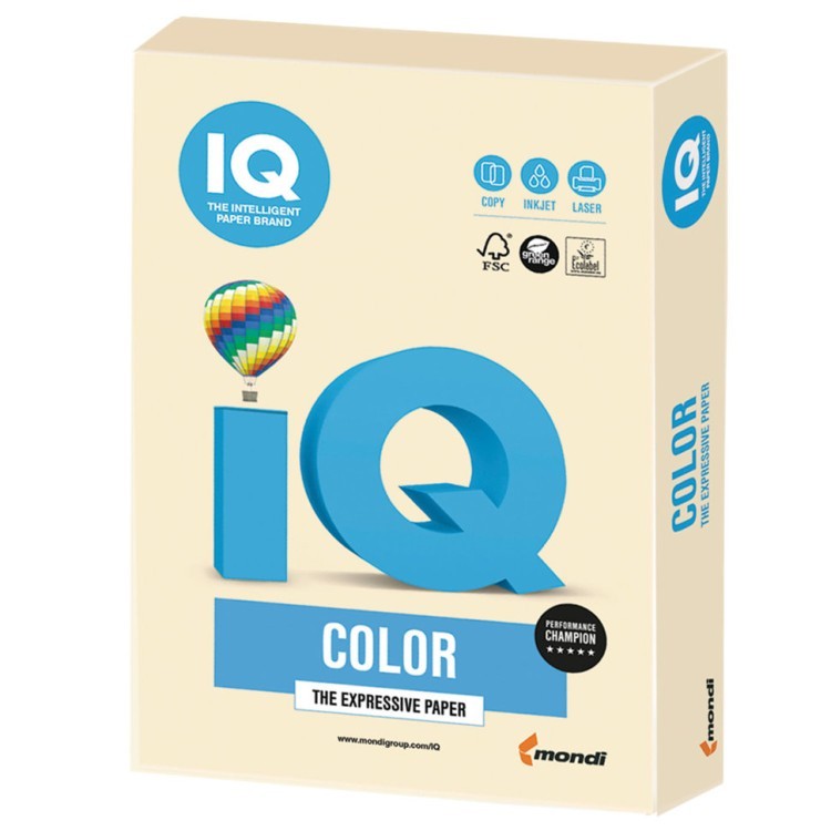 Бумага цветная для принтера IQ Color А4, 160 г/м2, 250 листов, кремовая, CR20 (65414)